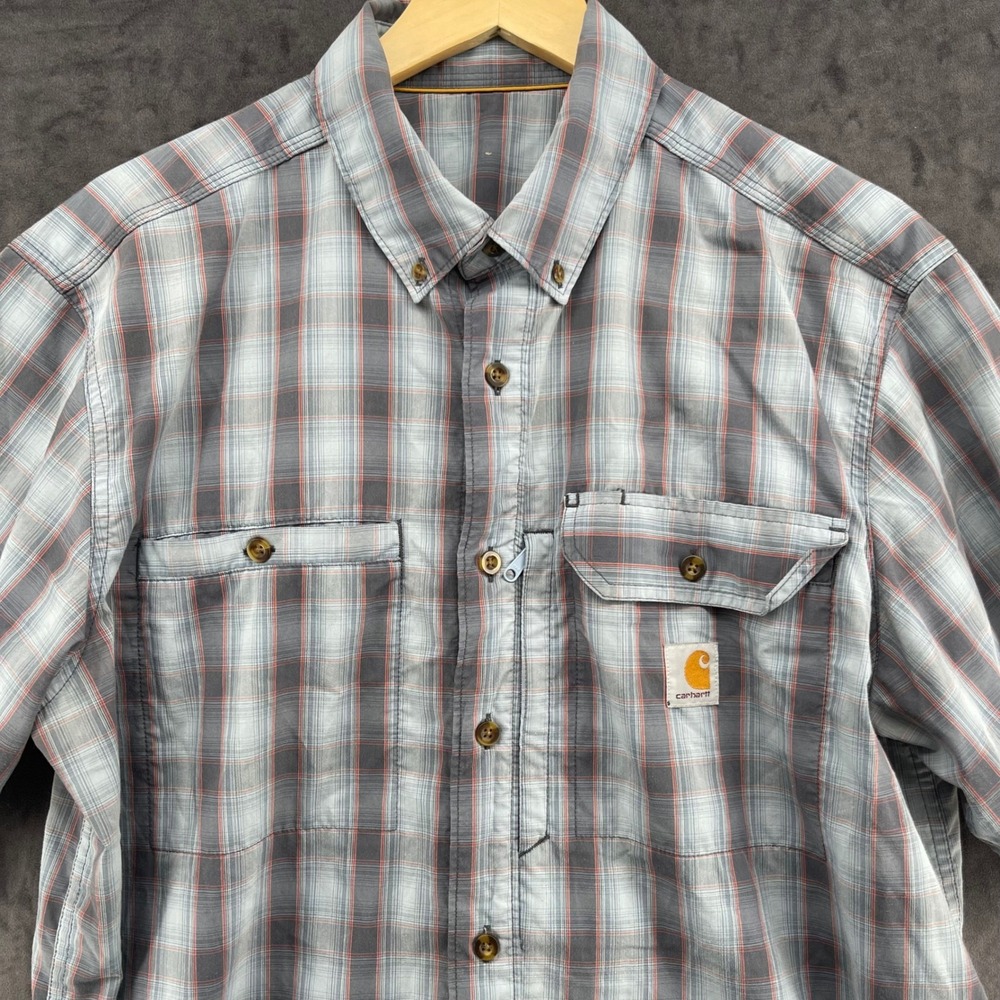 Carhartt Mens Plaid Short Sleeve Button Down Shirt Grey Orange Large 100290 - Picture 4 of 6